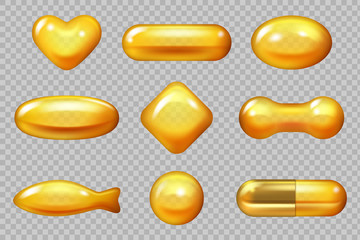 Realistic gold capsule. Dropping yellow capsule for hair natural products vitamin e omega vector 3d illustrations. Oil liquid essential, realistic essence golden capsule