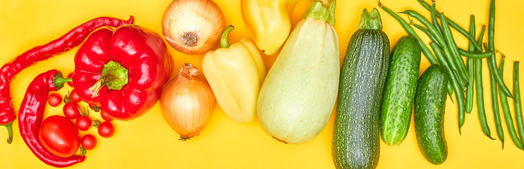 banner vegetables on yellow background, flatlay