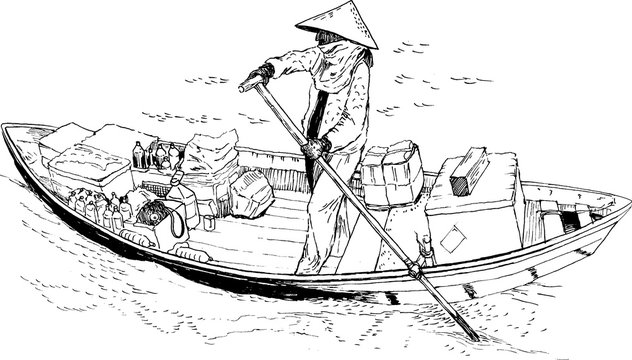 A female farmer on a boat in the South China Sea. Sketch. Vector illustration