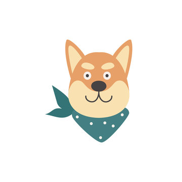 Cute shiba inu dog head with green scarf bandana - flat cartoon animal face