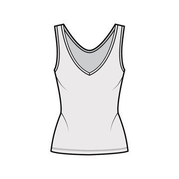 Cotton-jersey tank technical fashion illustration with fitted body, deep V-neckline, elongated hem. Flat outwear apparel template front, grey color. Women, men unisex shirt top CAD mockup 