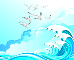 Seagulls flying over high ocean waves set against a cloudy blue sky