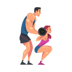 Fototapeta premium Girl Exercising with Barbell, Personal Male Trainer Instructor Character Helping Her, Physical Workout in Gym Style Vector Illustration
