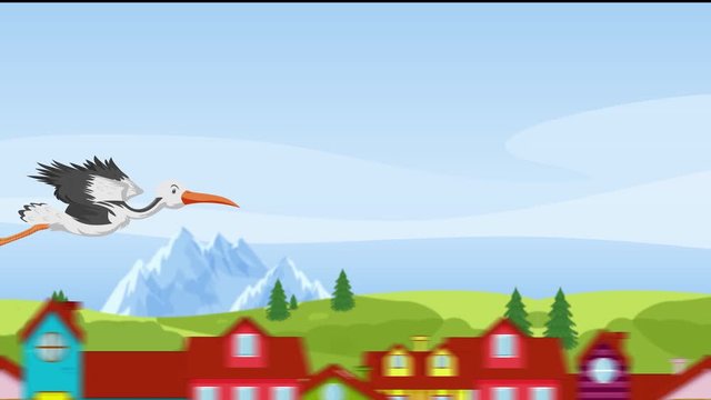 4k - Illustrated animation with a stork flying over a village - Parallax Effect with five layers