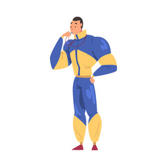 Sportive Muscular Man with Whistle, Male Coach Trainer Character in Sports Uniform, Physical Workout, Healthy Lifestyle Concept Cartoon Style Vector Illustration