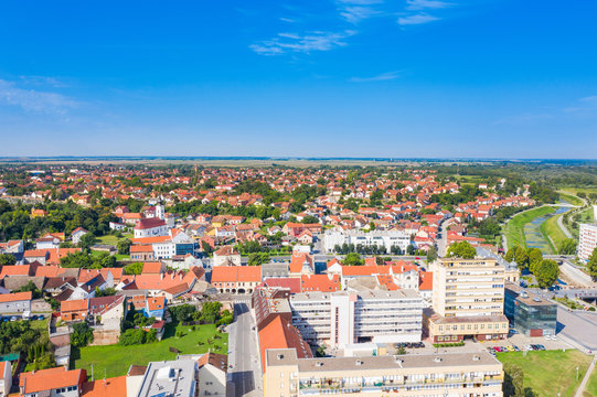 Aerial view of the city center of Vukovar, Slavonia and Srijem regions of Croatia