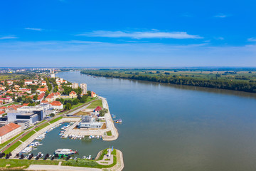 Aerial view of the city of Vukovar on the banks of Danube river, Slavonia and Srijem regions of Croatia