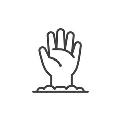 Halloween zombie hand line icon. linear style sign for mobile concept and web design. Hand sticking out of the ground outline vector icon. Symbol, logo illustration. Vector graphics - obrazy, fototapety, plakaty