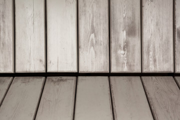 Planks, wood surface or background. Installation with focus on the shelf in the foreground and product placement. Mock up.