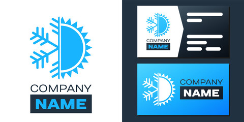 Logotype Hot and cold symbol. Sun and snowflake icon isolated on white background. Winter and summer symbol. Logo design template element. Vector.