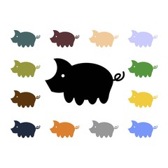 Set of simple flat vector pig icons. Abstract pattern of  silhouettes of the sow with colorful little piglets