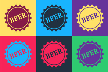 Pop art Bottle cap with beer word icon isolated on color background. Vector.