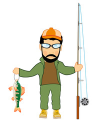Fisherman with caughted by fish and fishing rod