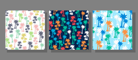 Seamless pattern with colored silhouettes of tropical coconut trees. Abstract exotic repeating background with palm trees for summer design, travel and recreation. Vector illustration.