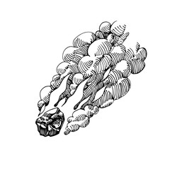 falling meteorite with flames & cloud of smoke, cosmic celestial body, iron meteor, vector illustration with black ink lines isolated on a white background in a doodle & hand drawn style © Николай Шитов
