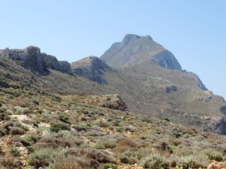 Panoramic view of Balos coastline in Crete, Greece. The Gramvousa Peninsula forms the westernmost of the two pairs of peninsula in Crete, and is the western part of Kissamos Bay.
