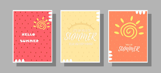 Set of summer greeting cards with the sun on a strawberry background with space for text. Vector illustration for a website, posters, ads, banners, advertising materials, coupons.