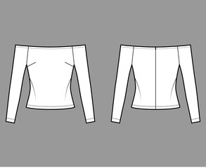 Off-the-shoulder top technical fashion illustration with close fit, long sleeves, concealed zip fastening along back. Flat apparel template front, back, white color. Women men unisex shirt CAD mockup