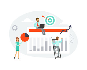 Team of Tiny Business People Doing Marketing of Financial Research, Analysing Graph, Planning, Command Success Strategy Flat Style Vector Illustration