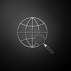 Silver Magnifying glass with globe icon isolated on black background. Analyzing the world. Global search sign. Long shadow style. Vector.