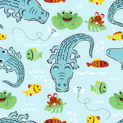 vector seamless pattern of swamp animals cartoon. Crocodile, frog, fishes, dragonfly.