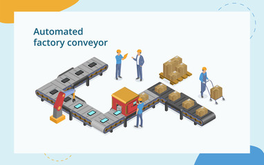 Fototapeta na wymiar Industrial Automation And Manfacture Concept. Composition With Male Characters Working With Automated Packing And Machinery Production. Assembly With Robotic Arm. 3d Isometric Vector Illustration