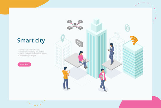 Modern Technology, Innovation And Smart Service Concept. Smart City With Contemporary Buildings And People Using Devices Connected To Internet. Augmented Reality. 3d Isometric Vector Illustration