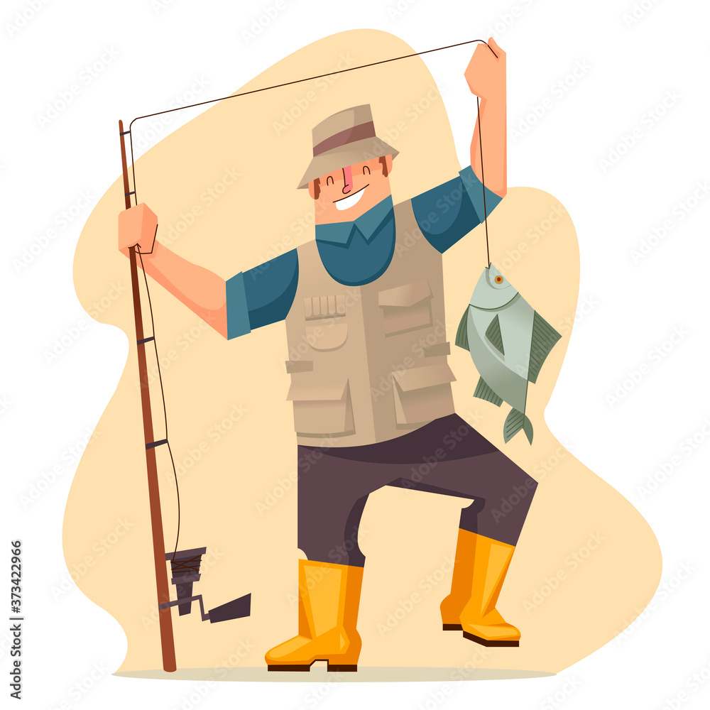 Poster Cartoon Color Character Person Fisherman Concept. Vector