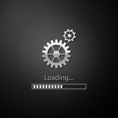 Silver Loading and gear icon isolated on black background. Progress bar icon. System software update. Loading process symbol. Long shadow style. Vector.