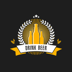Beer logo. Pattern for design emblem, icon, label, banner. Print on t-shirt graphics. Design template on isolated background. Vintage style. Vector illustration