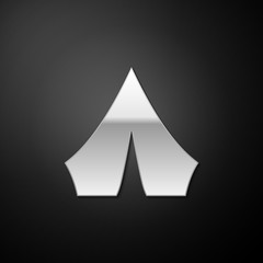 Fototapeta premium Silver Tourist tent icon isolated on black background. Camping symbol. Long shadow style. Vector.