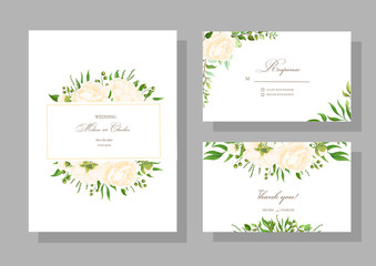 Fototapeta na wymiar Botanical map with wild leaves. Set of wedding invitations with peonies, leaves and grass garlands with green foliage of exotic tropical plants. Vector graphics.