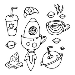 Tea Cup and coffee Cup in space style. Cupcakes and croissants in space. Banner for cafes, restaurants, and menus. Cafe in outer space. Rocket carrier of coffee and tea. Corporate identity for the caf