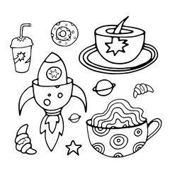 Tea Cup and coffee Cup in space style. Cupcakes and croissants in space. Banner for cafes, restaurants, and menus. Cafe in outer space. Rocket carrier of coffee and tea. Corporate identity for the caf