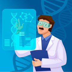 Cartoon Color Character Person Scientist and Futuristic Screen Concept. Vector