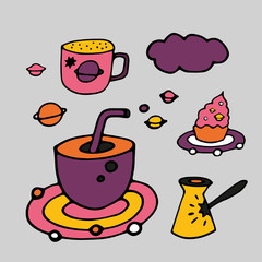 Tea Cup and coffee Cup in space style. Cupcakes and croissants in space. Banner for cafes, restaurants, and menus. Cafe in outer space. Rocket carrier of coffee and tea. Corporate identity for the caf
