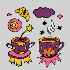 Tea Cup and coffee Cup in space style. Cupcakes and croissants in space. Banner for cafes, restaurants, and menus. Cafe in outer space. Rocket carrier of coffee and tea. Corporate identity for the caf