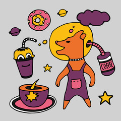 Tea Cup and coffee Cup in space style. Cupcakes and croissants in space. Banner for cafes, restaurants, and menus. Cafe in outer space. Rocket carrier of coffee and tea. Corporate identity for the caf