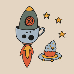 Tea Cup and coffee Cup in space style. Cupcakes and croissants in space. Banner for cafes, restaurants, and menus. Cafe in outer space. Rocket carrier of coffee and tea. Corporate identity for the caf