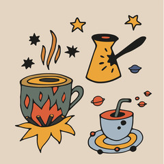 Tea Cup and coffee Cup in space style. Cupcakes and croissants in space. Banner for cafes, restaurants, and menus. Cafe in outer space. Rocket carrier of coffee and tea. Corporate identity for the caf