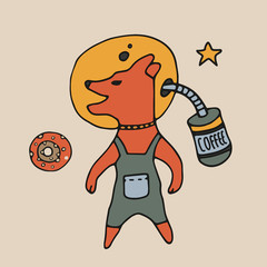 Tea Cup and coffee Cup in space style. Cupcakes and croissants in space. Banner for cafes, restaurants, and menus. Cafe in outer space. Rocket carrier of coffee and tea. Corporate identity for the caf