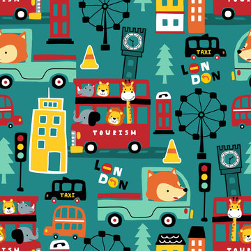 seamless pattern vector of funny animals cartoon on vehicles in a city
