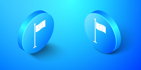 Isometric Flag of European Union icon isolated on blue background. EU circle symbol. Waving EU flag on a metallic pole. Blue circle button. Vector.