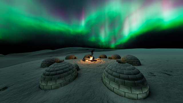 Aurora borealis with eskimo house and fire camp