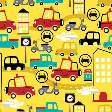 seamless pattern vector of urban vehicles cartoon