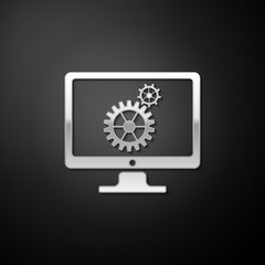 Silver Computer monitor and gears icon isolated on black background. Adjusting app, service, setting options, maintenance, repair, fixing concepts. Long shadow style. Vector.