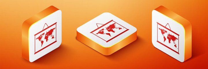 Isometric World map on a school blackboard icon isolated on orange background. Drawing of map on chalkboard. Orange square button. Vector.