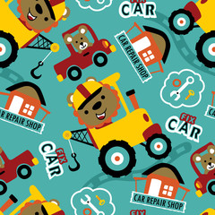 Seamless pattern vector of vehicle cartoon with funny animals