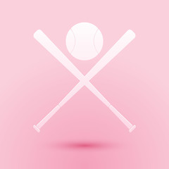 Paper cut Crossed baseball bats and ball icon isolated on pink background. Paper art style. Vector.