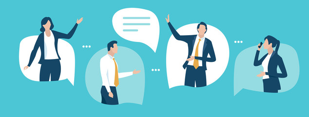 Discussion. Communication concept. Business people talking standing in the speech bubbles. Vector illustration.